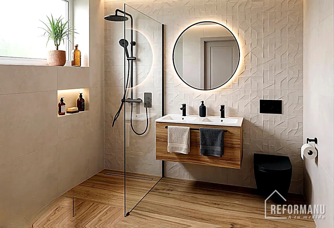 Después — Reforma de baño por REFORMANU: de bañera y alicatado anticuado a ducha de obra con mueble suspendido y espejo retroiluminado